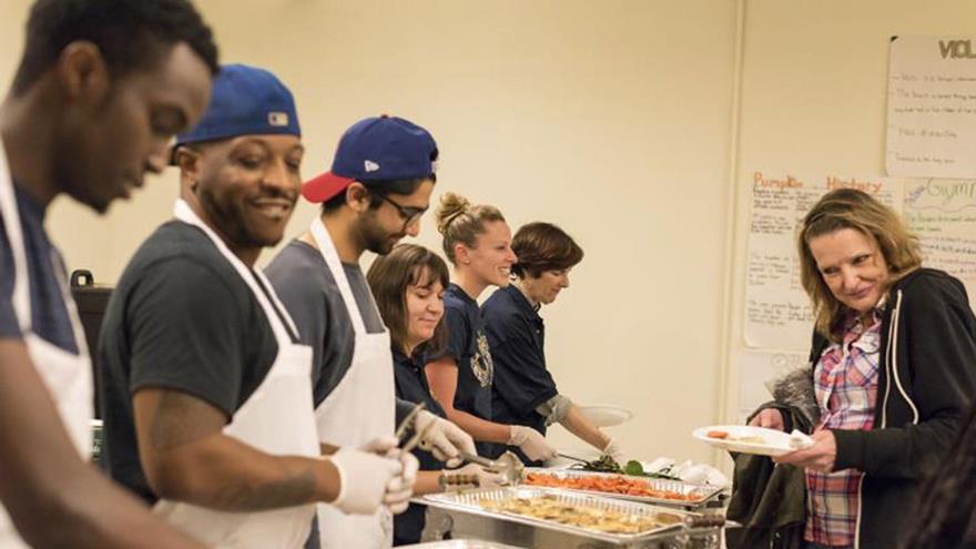 buffet line at the monthly community dinner