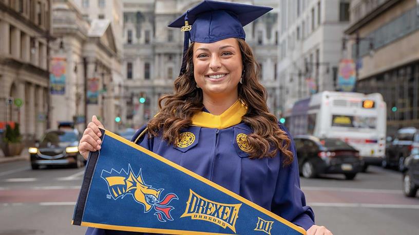 Callie DeMaria in front of Philadelphia City Hall