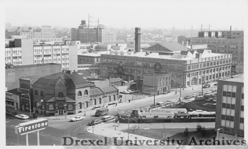 Paul Peck Alumni Center during the construction of Disque Hall, viewed from above / circa 1967