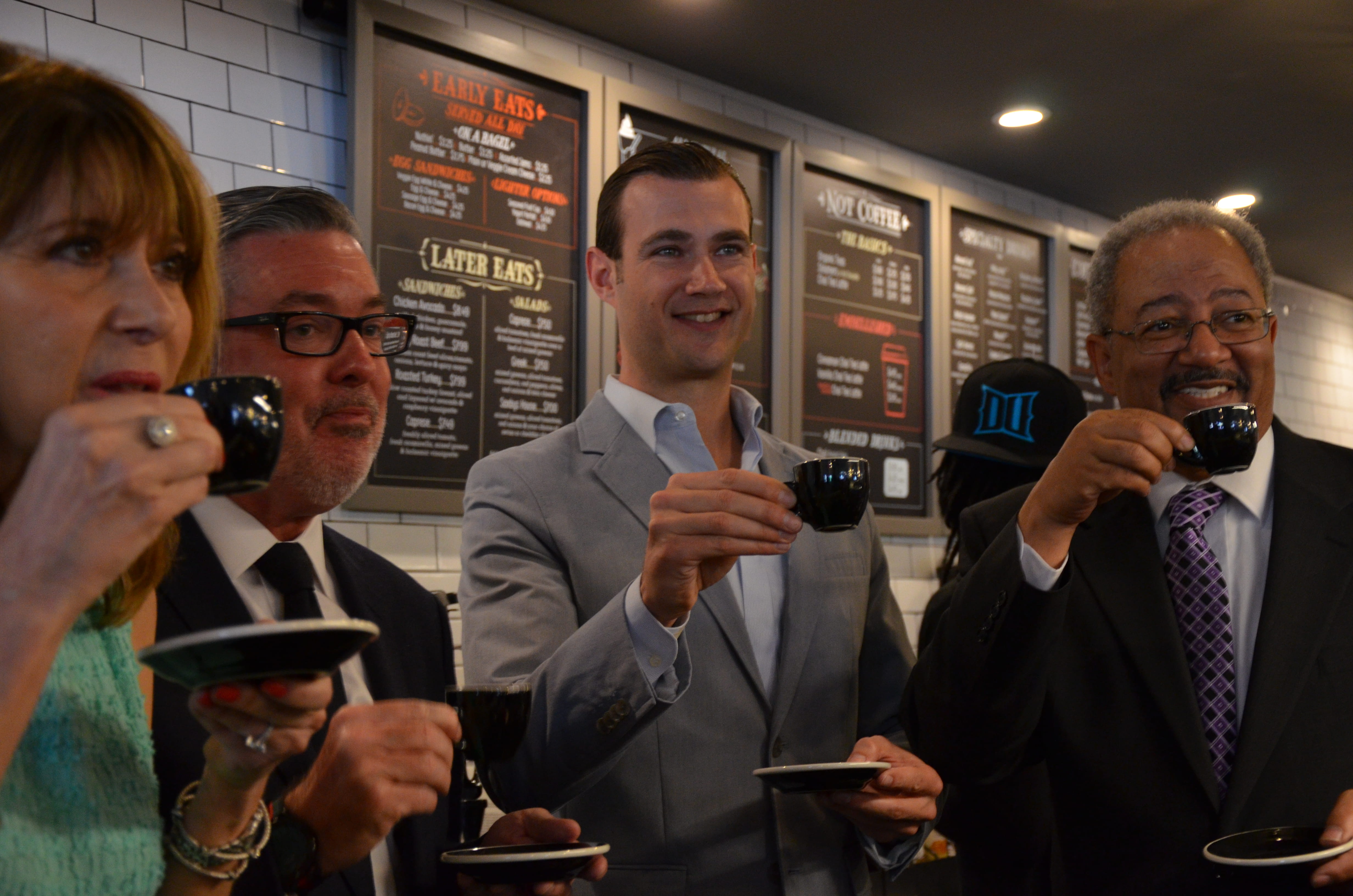 Close School of Entrepreneurship Dean Donna De Carolis, President John Fry, Saxbys Coffee CEO and founder Nick Bayer and U.S. Congressman Chaka Fattah sipped the first espressos served at Drexel’s new Saxbys.