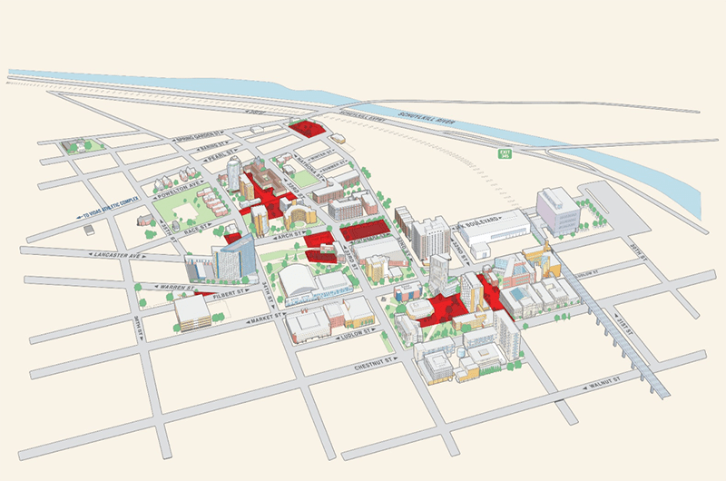 A map of smoke-free areas on Drexel's University City Campus.