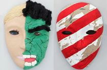 One mask depicting half of a normal face and another looking like the Hulk, and another with no mouth and faded red and white stripes