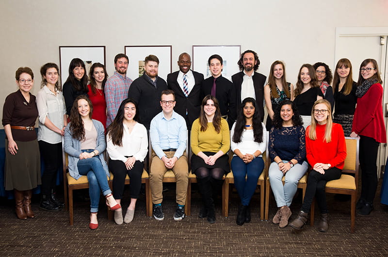 Back row, left to right: Dean Cohen, Amy Gottsegen, Kelly Weissberger (Associate Director, CSD), Ashleigh Jugan, Nicholas Barber, Vincent O’Leary, Provost Blake, Riki McDaniel, Ian Nichols, Caitlin Walczyk, Sam Buczek, Meredith Wooten (Director, CSD), Dean Van Bockstaele, Martha Meiers (Program Coordinator, CSD). Front row, left to right: Caitlin Cooper, Ana Monastero, Jacob Baron, Dylan O’Donoghue, Marina D’souza, Gabrielle Salib, Emily Coyle (Fellowships Advisor, CSD). Photo credit Jordan Stein.