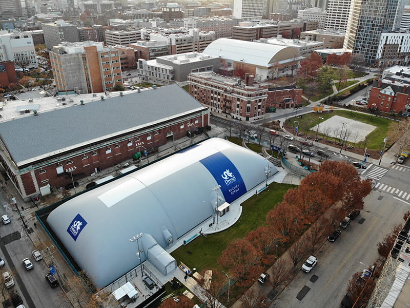 The inflated bubble over the Buckley Recreational Field. Photo credit: Drexel Athletics.