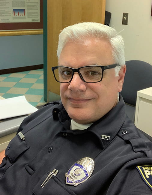Morgan Meehan is the full-time police officer on duty for the Queen Lane Campus.
