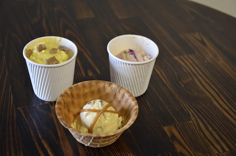 From left to right: "Dragon's Breath," "Fire Breathing Dragon" (in waffle bowl) and "Blue(berry) and Gold."
