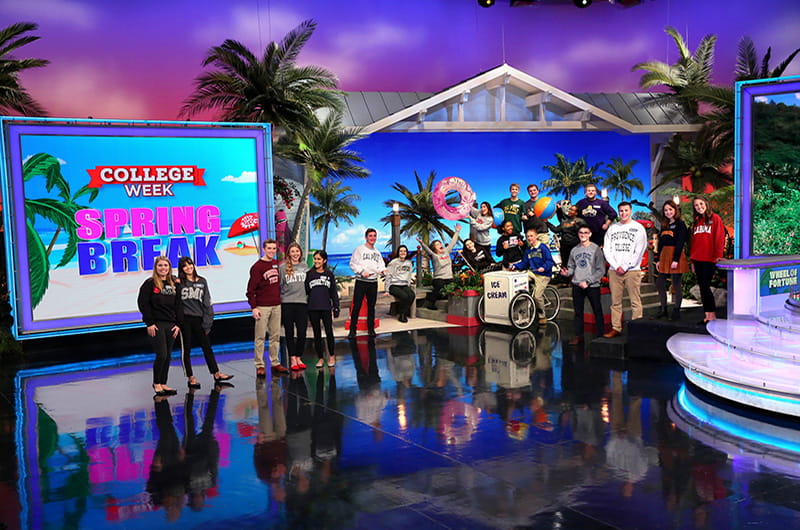 Drexel University student Zaarah Abdul-Aziz, holding the beach ball on the right, with the other college students who competed on the “College Week Spring Break” programming on "Wheel of Fortune." Photo Credit: Carol Kaelson.
