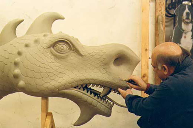 Eric Berg working on a clay model of Drexel's "Mario the Magnificent" statue. Photo courtesy of Eric Berg.