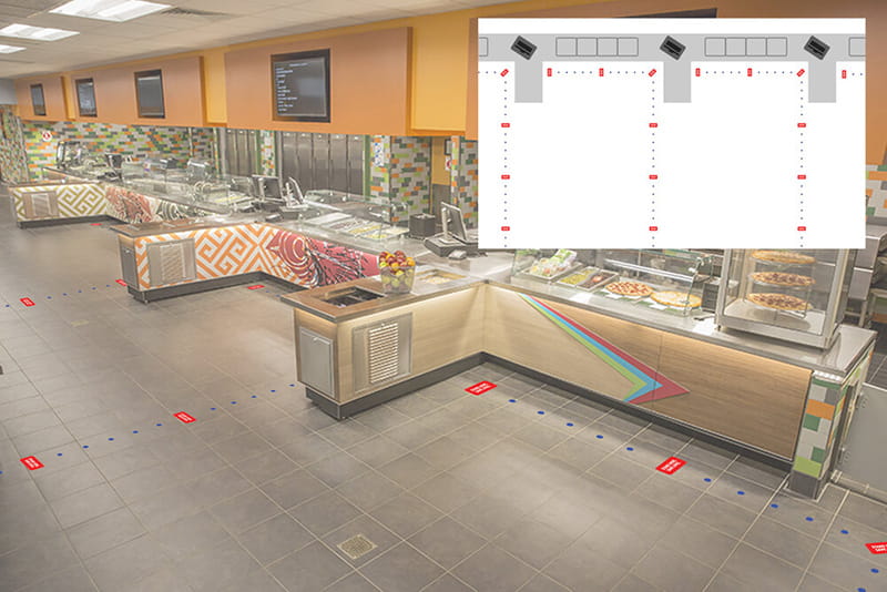 The product’s red decals measure six feet apart, as shown in this simulation layout of the rendered project. Image credit: Emergency Information Systems, LLC.
