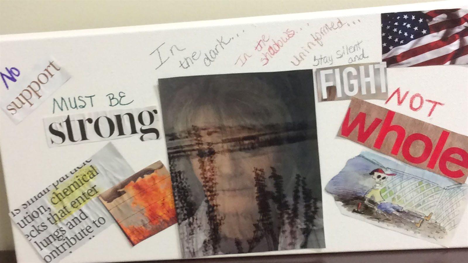 Collage of cut out images and written messages on a canvas