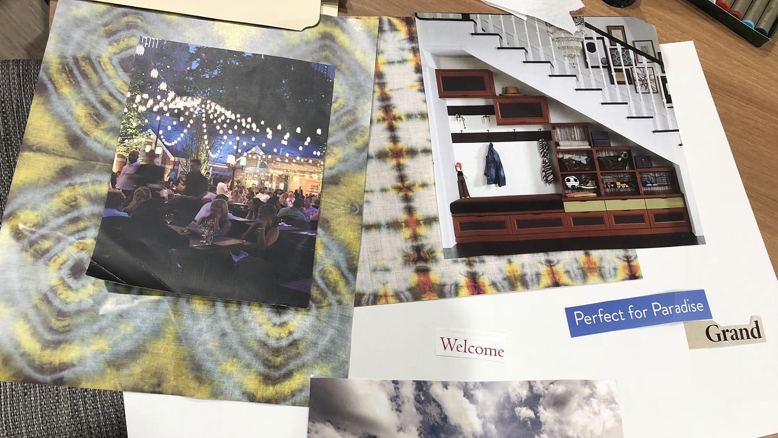 different photos and colored papers scattered on a table to make a collage.