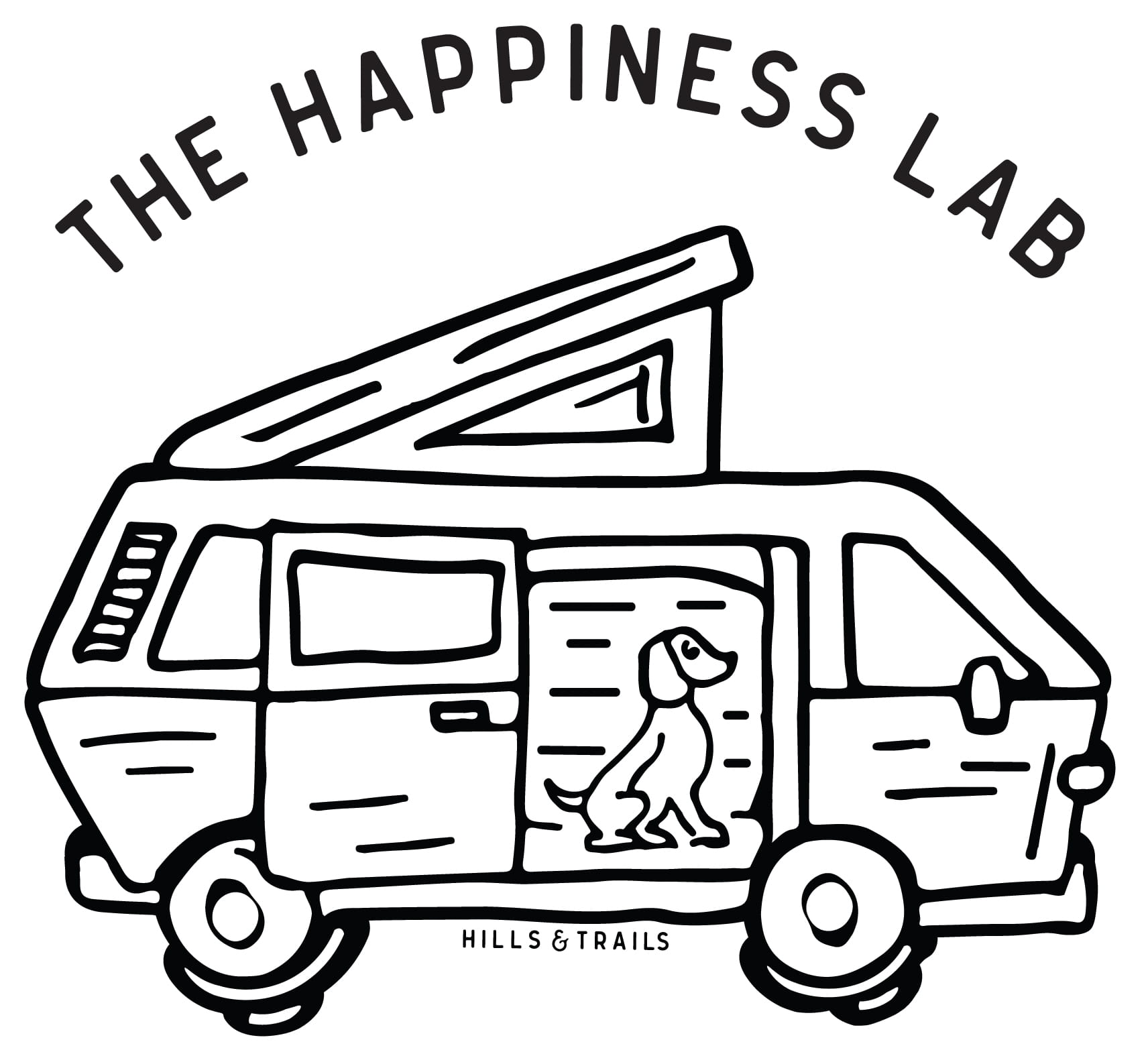 The Happiness Lab logo drawn with a dog sitting in a van.