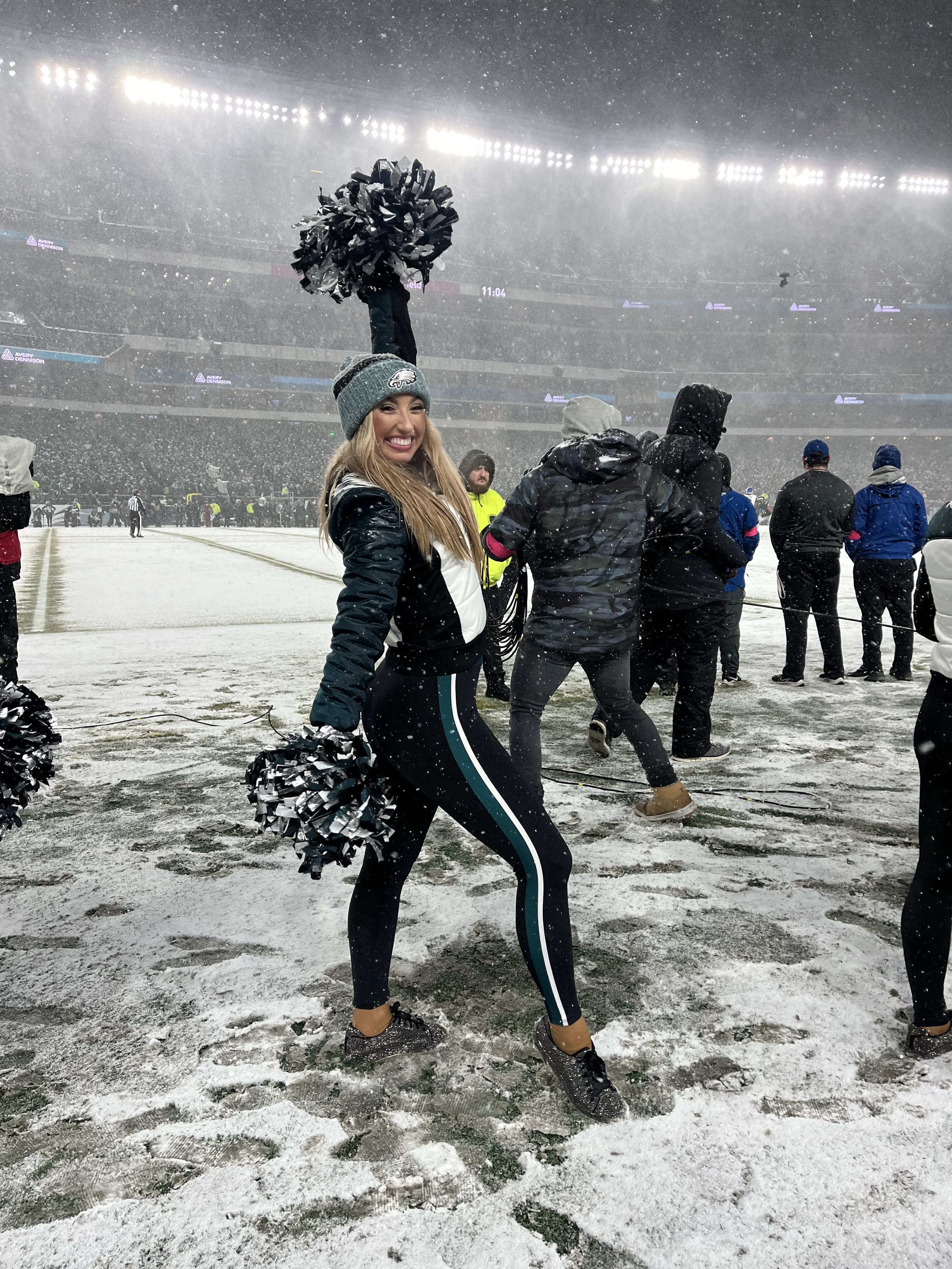 Erin Nipps cheering in the snow in the Divisional Round of the playoffs — one of her favorite memories of her rookie season. Photo courtesy Erin Nipps.