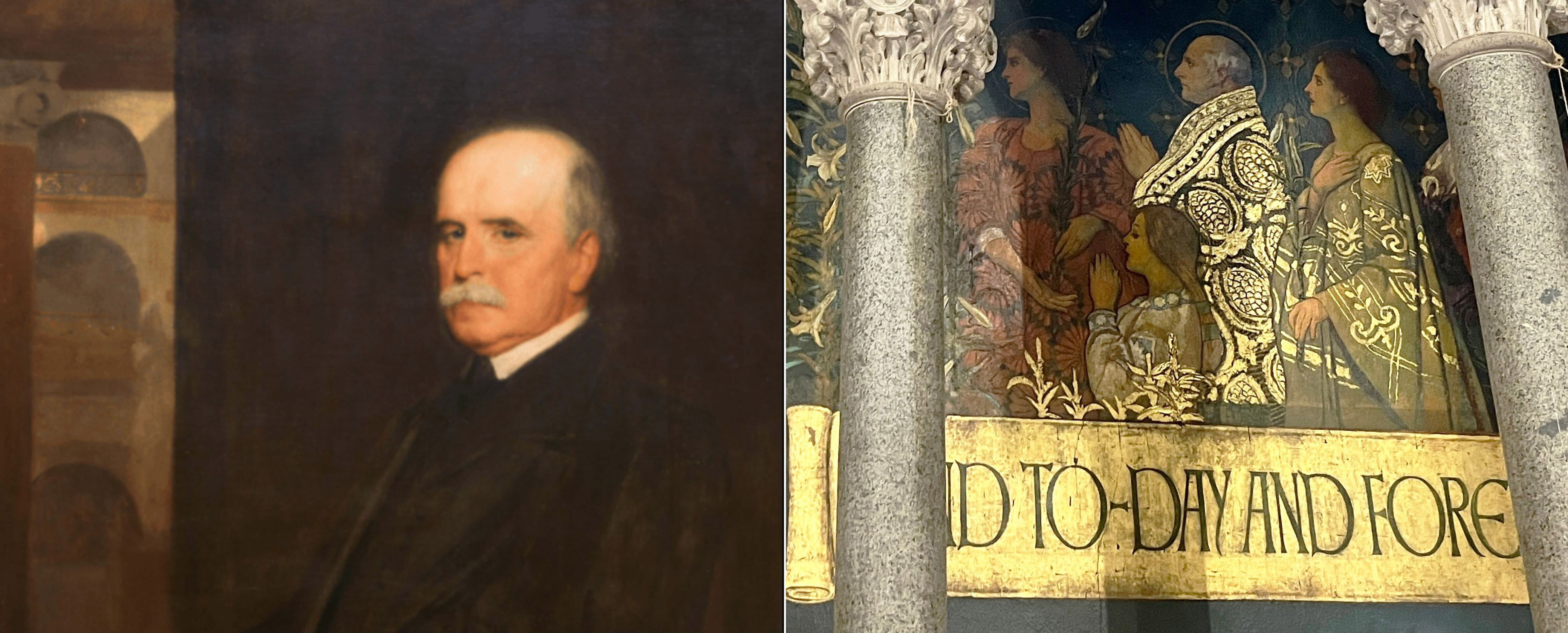 Anthony, as shown in an 1893 portrait in isert, is thought to be represented by the grey-haired male figure in this mural, which can be seen behind the altar of the Philadelphia Episcopal Cathedral.