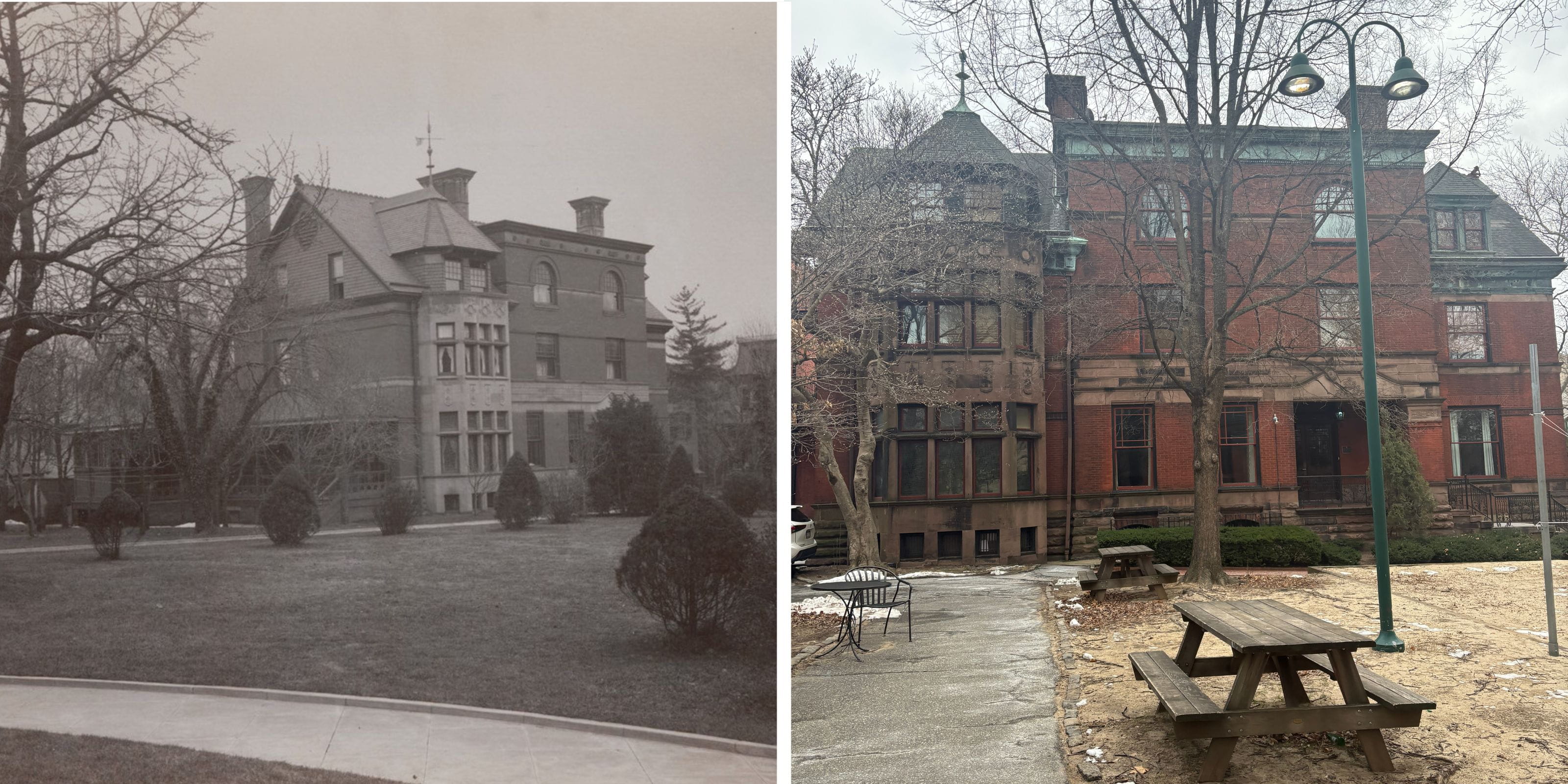 Left: an undated photograph of Frances “Fannie” Drexel Paul’s house when she lived there with her husband James W. Paul, Sr. Right: as it appears today as the Sigma Chi fraternity house at the University of Pennsylvania. Archival photograph courtesy of Drexel University Archives.