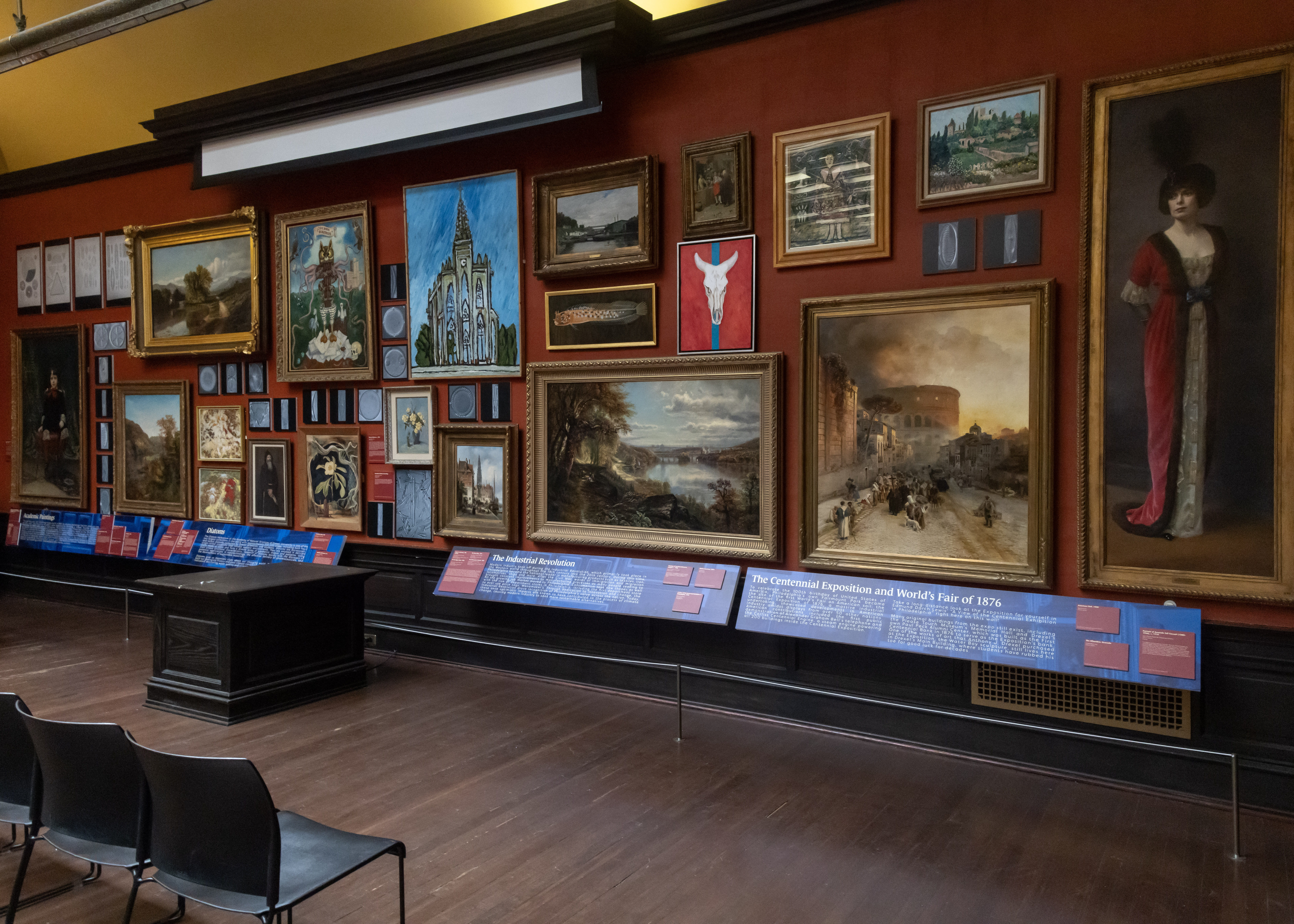 This wall showcases art from Drexel's collections.