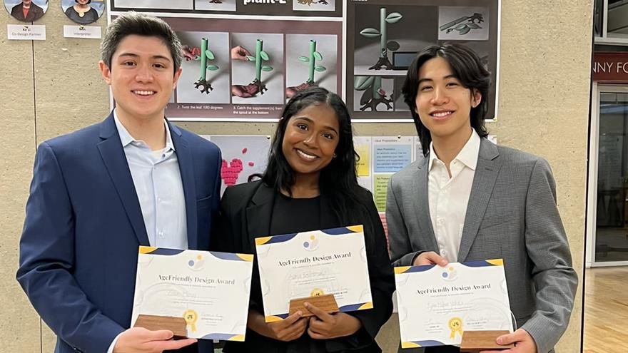 The winning team 1·Gabe Murray from Biomedical Engineering Ananya Kondragunta from Health Service Admin, Ryan Yahata from Product Design