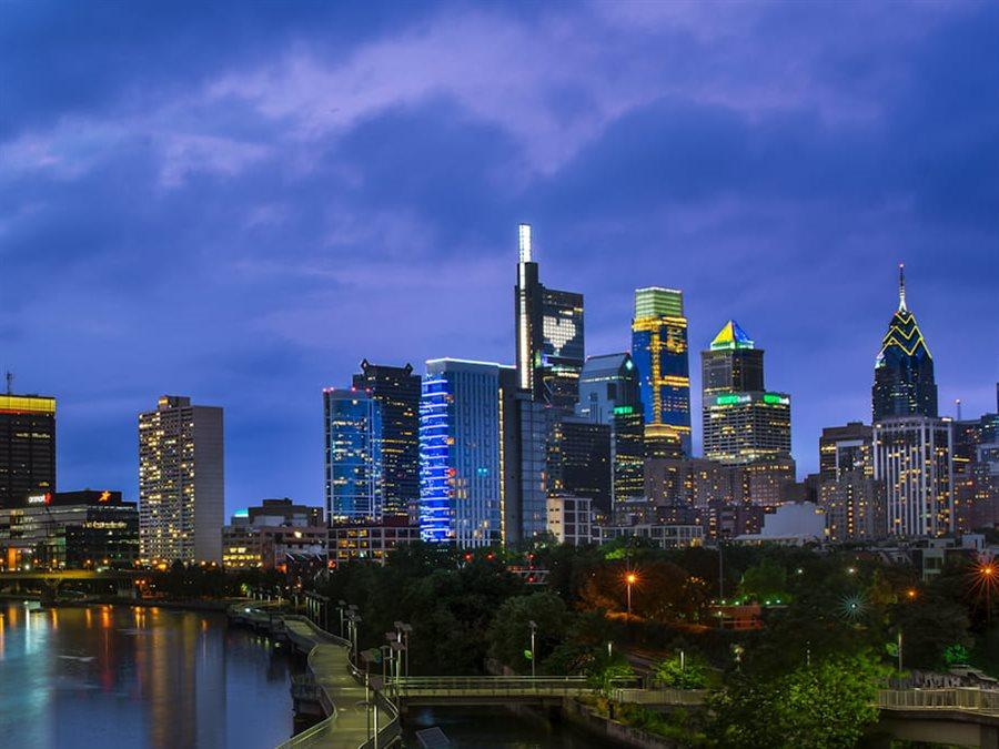 City skyline lit in Drexel colors