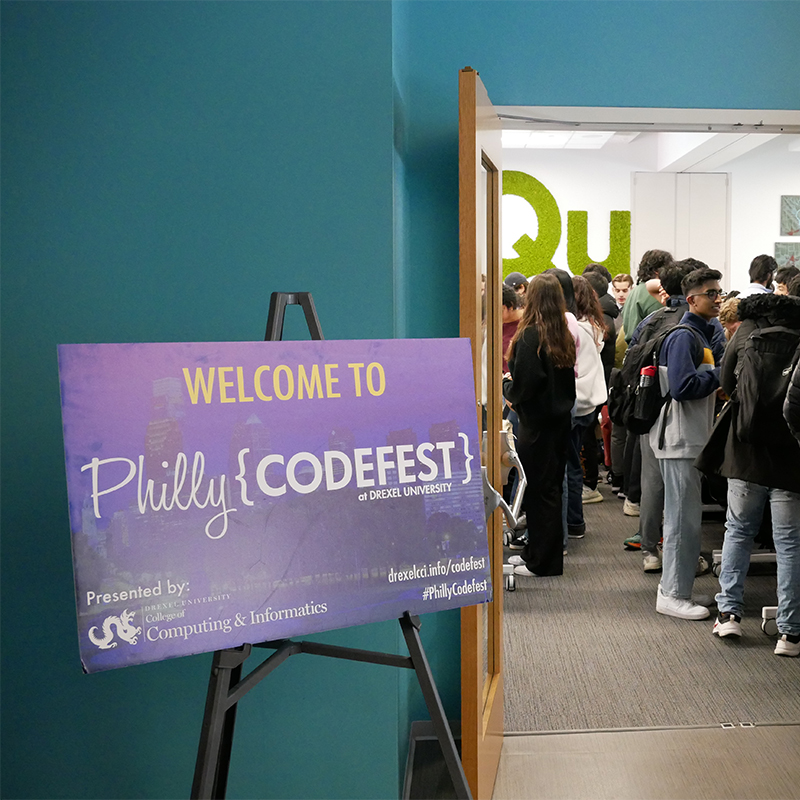 Photo of the welcome sign and entryway into Philly Codefest 2025.