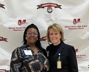 PA faculty members Lena Ward and Courtney Ercole presenting at Simon Gratz High School