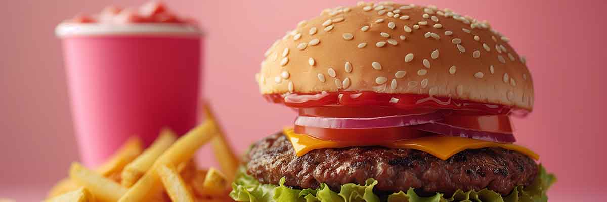 ultra processed foods include fast food like hamburgers, french fries, and soda.