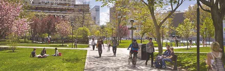 Drexel University students en route to their classes along Lancaster Walk.
