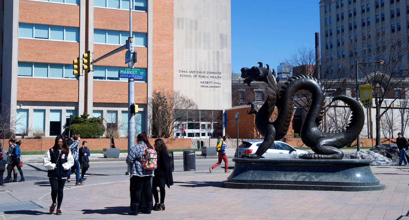 Nesbitt Hall, the home of Dornsife School of Public Health, is in the heart of Drexel University's campus, right across the street from Drexel's iconic landmark Mario the Dragon