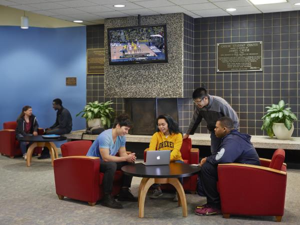 Students sitting in Creese lobby