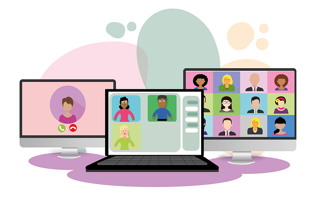 Illustrated image of computer screens showing a person in multiple meetings