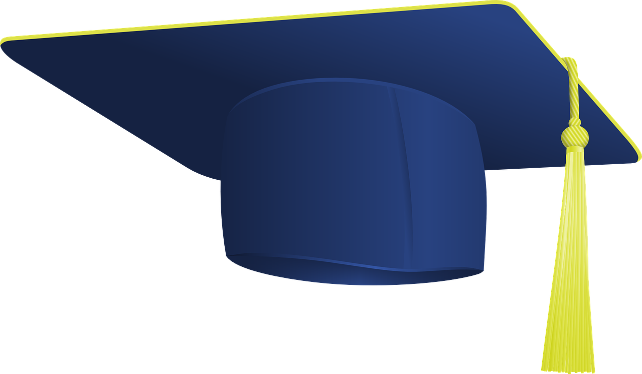 Navy blue mortar board with a gold tassel