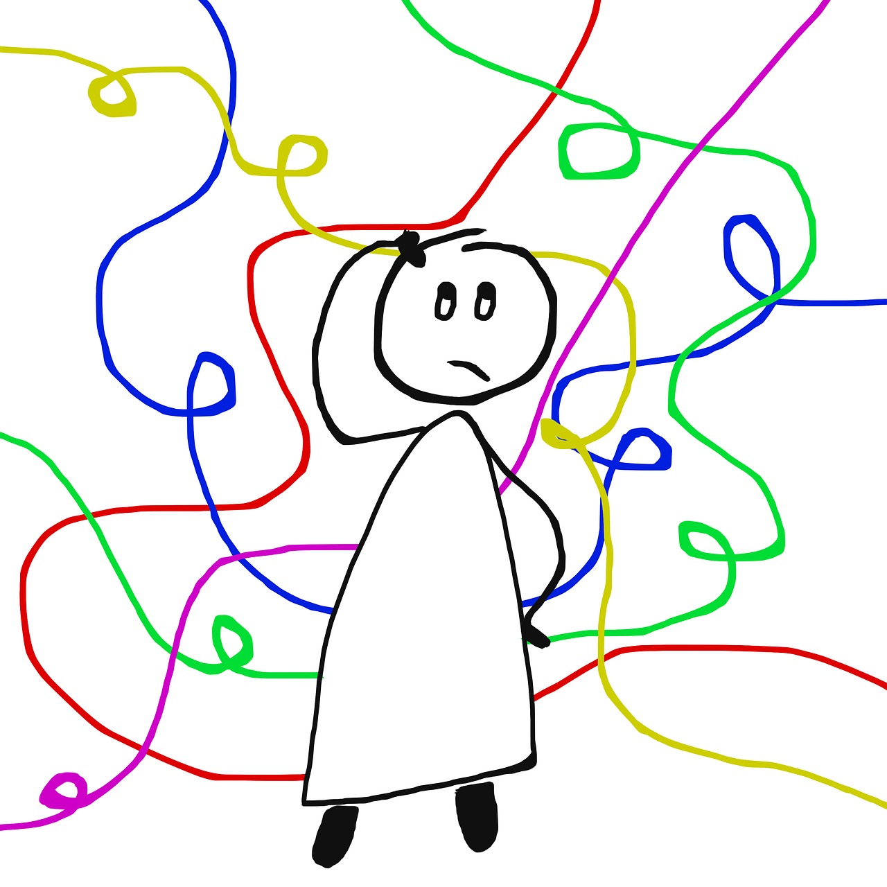 Looks like a child's drawing of a stick-type figure drawing with multi-colored squiggly lines drawn all around the person.