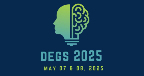 DEGS 2025 May 07 & 08, 2025 with abstract head and brain as a lightbulb on dark blue background