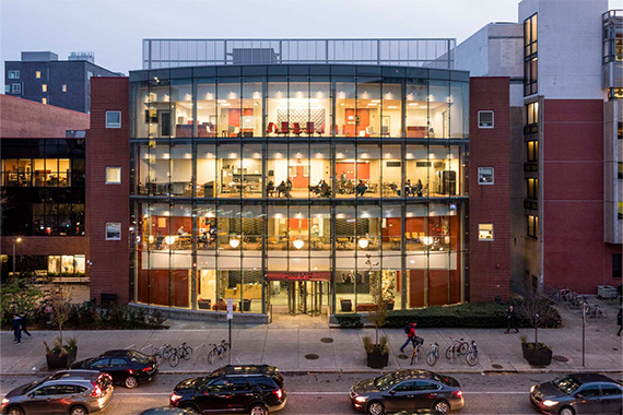 Drexel Kline School of Law building exterior in the evening
