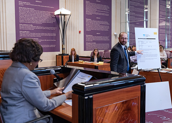 Cumberland School of Law student cross-examines expert witness.