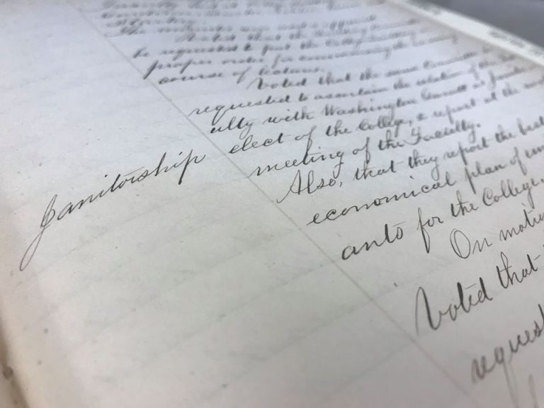 Page from the Hahnemann Medical College Faculty Minutes discussing janitor positions (The Legacy Center Archives and Special Collections)