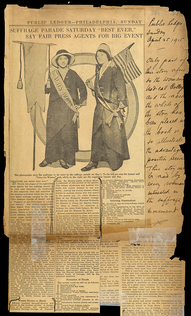 Suffrage research guide image of newspaper clipping on women's suffrage parade