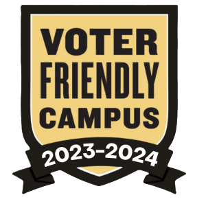 Yellow badge with black border. Says 'Voter Friendly Campus, 2023-2024'