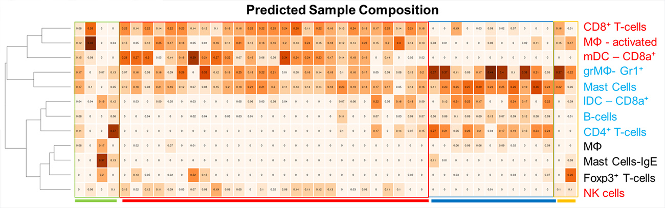 Bioinformatic deconvolution of tumor immune infiltrate before and after treatment. Source: Romano Lab