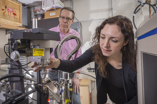 Patrick Loll and PhD candidate Emilia Arturo working in the biochemistry lab at Drexel University College of Medicine.