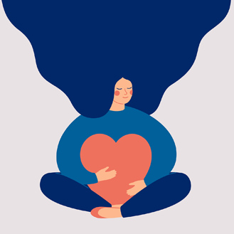 Smiling female character sits in lotus pose.
