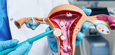 Gynecologist pointing to uterine fibroids on anatomical model of uterus.