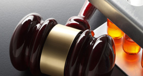 Gavel and test tubes on textured surface.